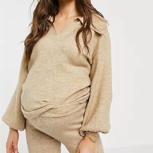 Asos Design Maternity Collar V-Neck Puff Sleeves Sweater